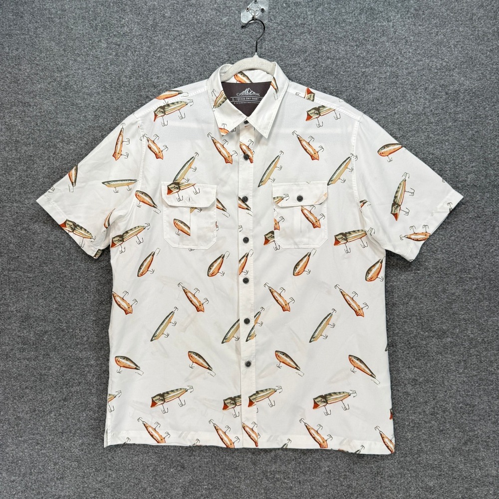 Croft & Barrow Quick Dry Shirt Mens Large White Lure Fish Print Performance Vent
